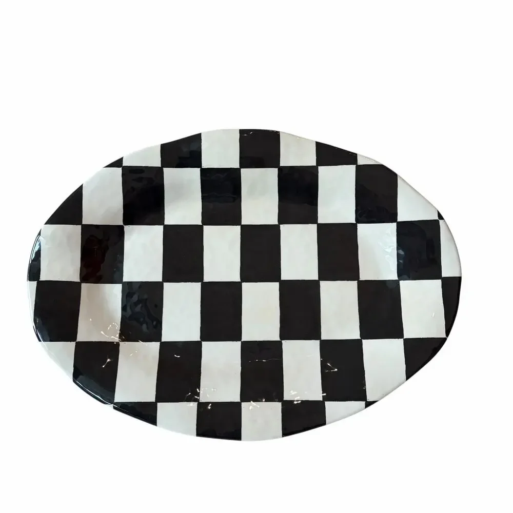 Black & White Checkered Melamine Large Serving Platter 13X18 Oval NEW
